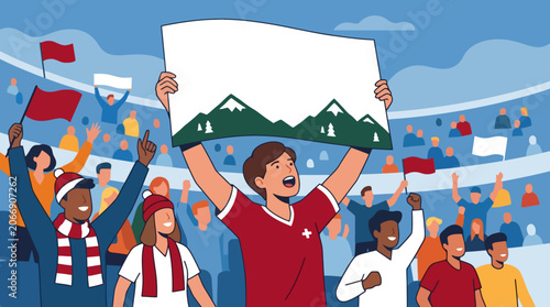 Excited sports fans cheering with Swiss flag in stadium. EPS Editable