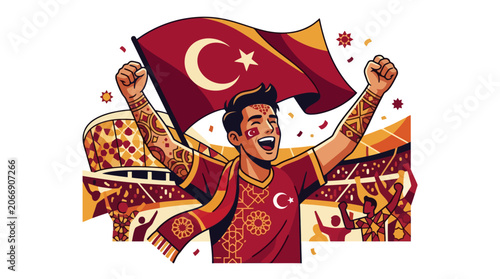 Excited Turkish Football Fan Celebrating Victory With National Flag. EPS Editable