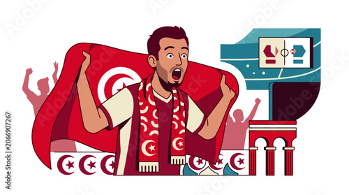 Excited Tunisian soccer fan cheering with national flag and scarf. EPS Editable