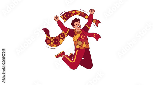 Excited Turkish fan jumping with national flag scarf celebrating victory. EPS Editable