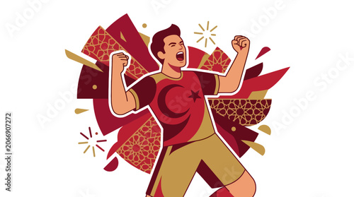 Excited Turkish soccer player celebrating victory with passion. EPS Editable