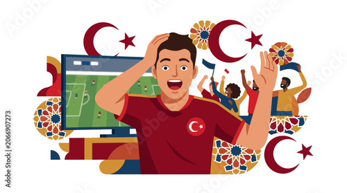Excited Turkish soccer fan watching football match on television screen. EPS Editable