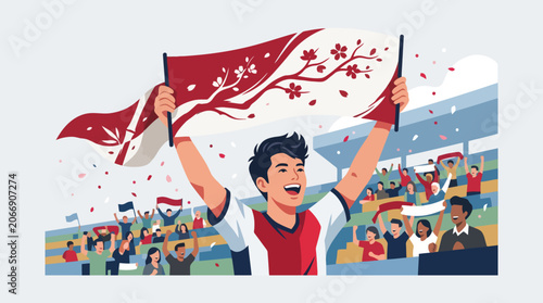 Excited young man cheering with flag at sports stadium. EPS Editable
