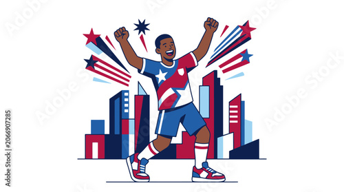 Excited young athlete celebrating victory in front of a stylized city skyline illustration. EPS Editable