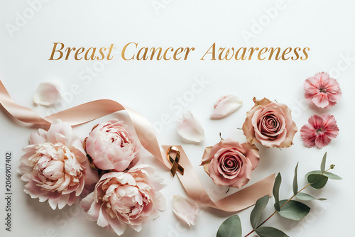 Breast Cancer Awareness message displayed with an elegant arrangement of delicate pink flowers peonies roses and carnations a flowing satin ribbon and a small awareness pin