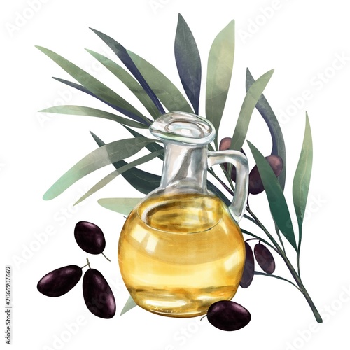 Olive oil composition with oil carafe, Olive Branch and black olives, Hand drawn watercolor botanical Food Illustration on White Background . 