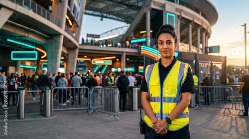 Female security guard in a high-visibility vest, standing confidently at a bustling stadium entrance. Event staff ensuring safety and crowd control at a large sports arena