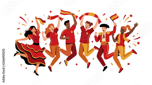 Happy Spanish people celebrating national holiday with traditional clothes and flags. EPS Editable