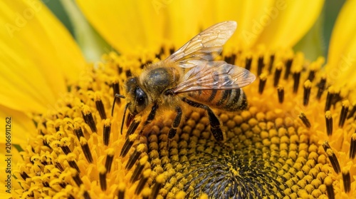 Macro Honey Bee Pollinating Sunflower