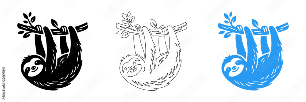 Fototapeta premium Sloth hanging from tree branch illustrations in three color variations