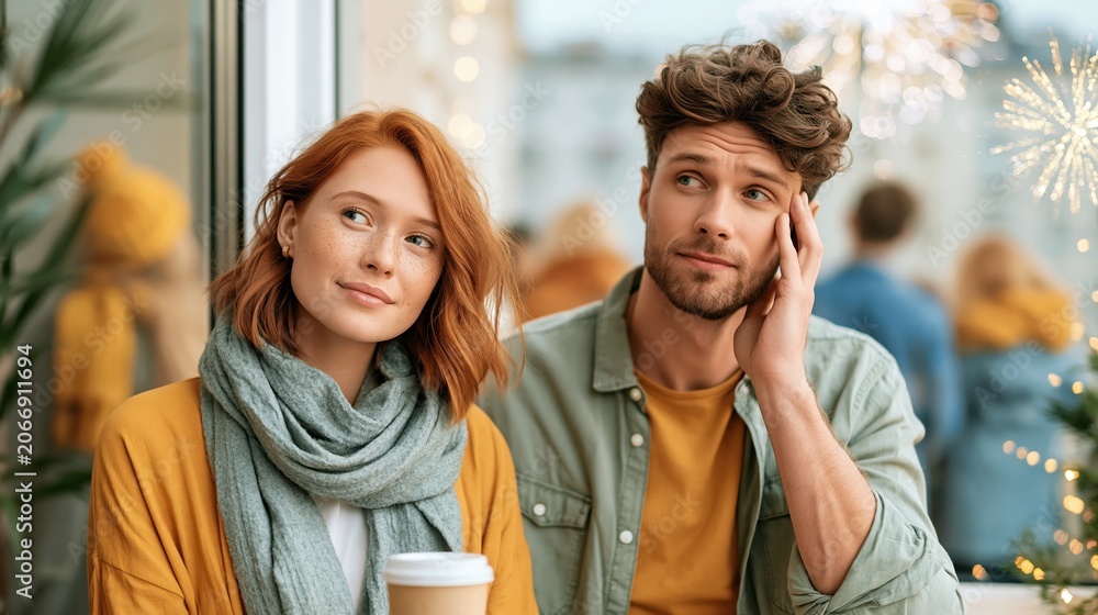 Naklejka premium A charming scene showing a young couple in a cozy café, portraying emotions of connection, reflection, and love during a golden holiday season feeling.