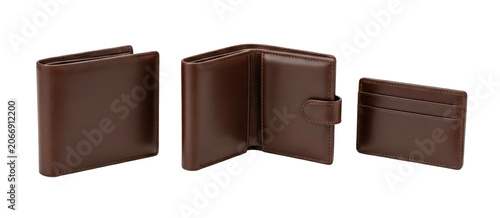 Set of three brown leather wallets isolated on transparent background.
