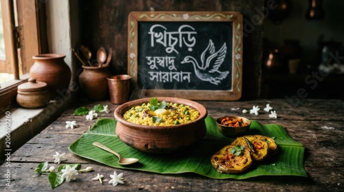 Traditional Bengali Khichuri Meal Setup