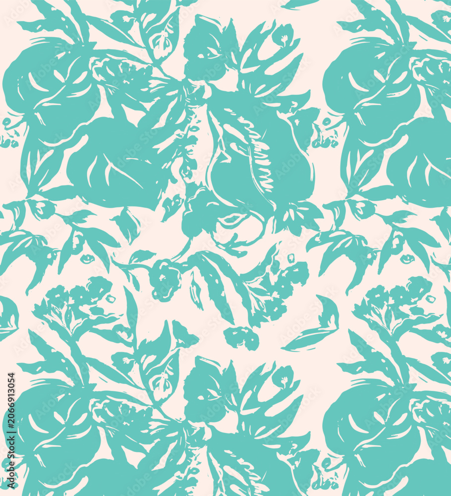Fototapeta premium Tropical summer flower seamless pattern illustration. Hand drawn hibiscus floral background print. Spring season texture wallpaper, watercolor jungle plant leaf artworks.
