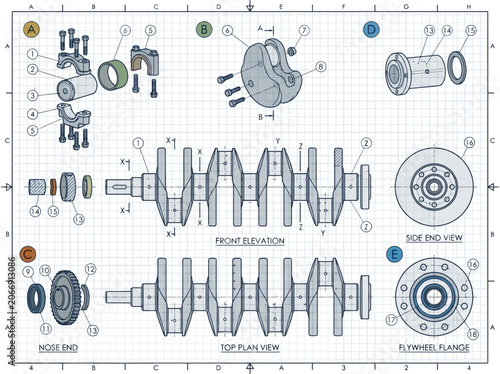 Technical blueprint drawing of a mechanical engine crankshaft assembly on grid paper. EPS Editable