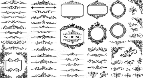 Calligraphic dividers. Decorative retro page divider borders, wedding calligraphic frame and ornamental swirls floral frames. Elegant royal ornamentation vintage vector isolated icons set