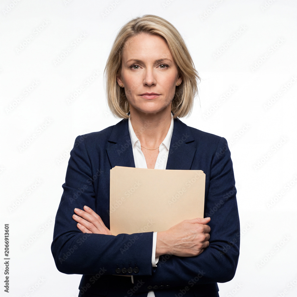 Naklejka premium Businesswoman holding folder with arms crossed in professional pose for corporate leadership and workplace authority concepts