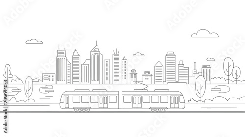 Fotografie Modern city skyline landscape thin line outline icon banner with tram commuter train transportation and trees on white background