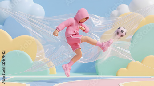 Pink Clad Cartoon Character Playing Soccer with Motion Blur Effect