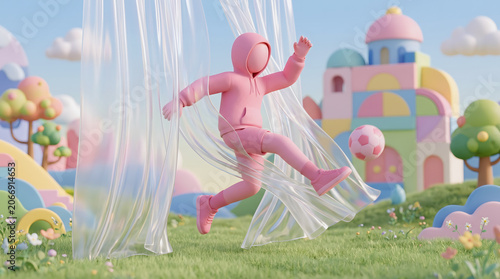 Whimsical Pink Character Kicking Soccer Ball in a Playful Dreamlike Landscape