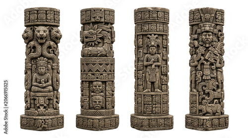 Canvastavla Four intricate ancient mesoamerican carved stone statues arranged in a horizontal line isolated on transparent background