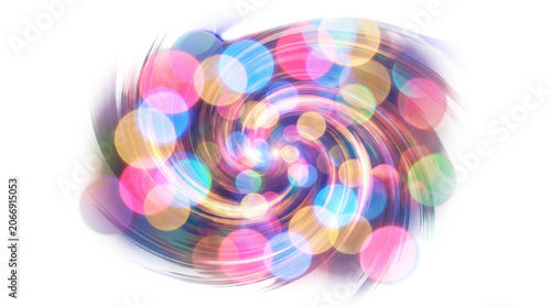Swirling vortex of intense colorful lens flare bokeh circles isolated on transparent background.