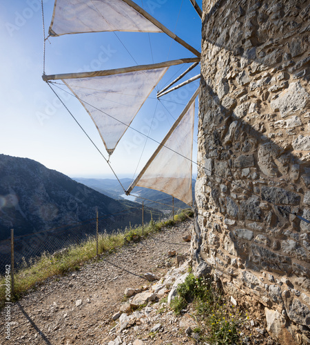 Restored old windmill on the Lasithi High Plateau at Seli Ambelou on the island Crete, Greece