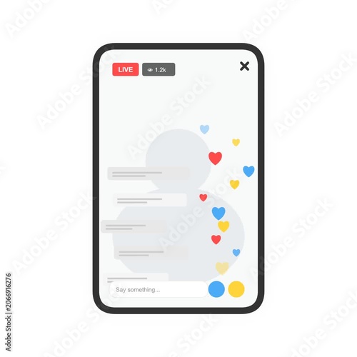 Social media live stream interface animation featuring floating hearts and chat on mobile device
