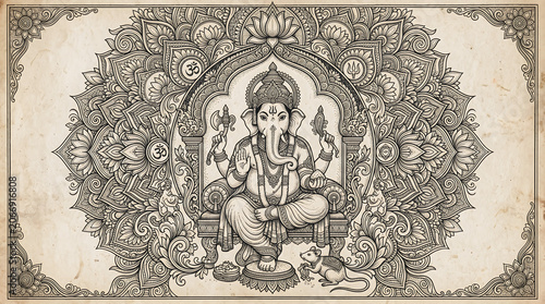 Ganesha Deity Seated on Throne with Intricate Mandala Art and Auspicious Symbols