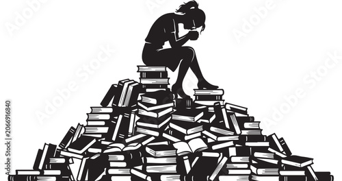 Schilderij op canvas Overwhelmed woman sitting on huge pile of books, studying, reading, education, l