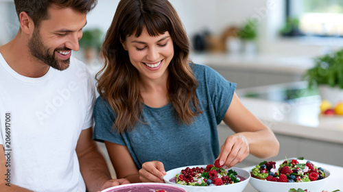 Happy couple preparing healthy berry breakfast bowls together in modern kitchen promoting wellness and balanced lifestyle