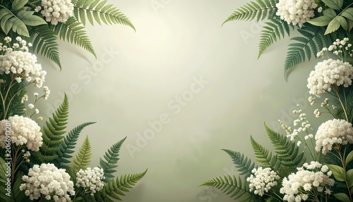 White flowers and green ferns in a frame composition forming a decorative border, digital illustration with soft natural light on a mint green background with copy space.