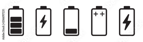 Photos Set of battery charge level icons representing power status for mobile devices and electronic units