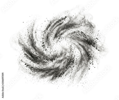 Dark smoky ash particles forming a turbulent swirling vortex explosion isolated on transparent background.