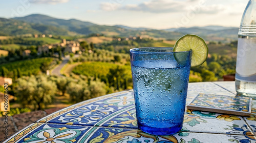 Blue gin bottle with glass and lemon slice on natural background
