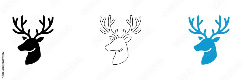 Fototapeta premium Deer head silhouettes with antlers in black white and blue