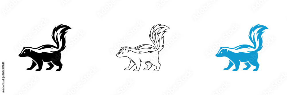 Fototapeta premium Skunk vector illustrations set black outline and blue variations