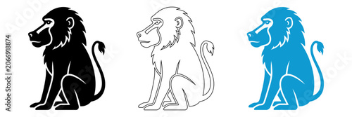 Canvas Print Baboon silhouette variations black outline and cyan graphic design elements