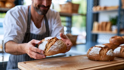A baker prepares softly calm fresh bread at a bright sunny bakery in soft daylight bread baking open face bright bakery daylight works 2