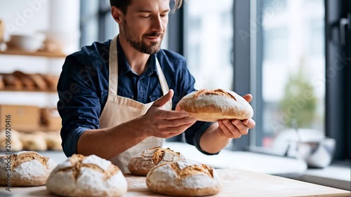 A baker prepares softly calm fresh bread at a bright sunny bakery in soft daylight bread baking open face bright bakery daylight workspa