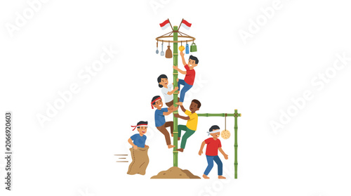 Children Climbing Bamboo Pole for Prizes, Indonesian Independence Day Celebration
