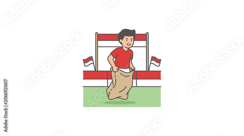 Boy jumping in sack race, Indonesian flags, outdoor fun activity