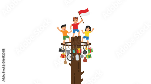 Children Celebrate Victory on Top of Tall Tree Holding Indonesian Flag