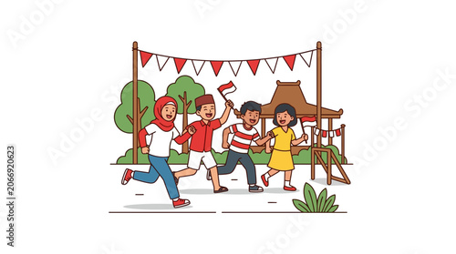Children Celebrating Independence Day with Indonesian Flags and Festive Decorations