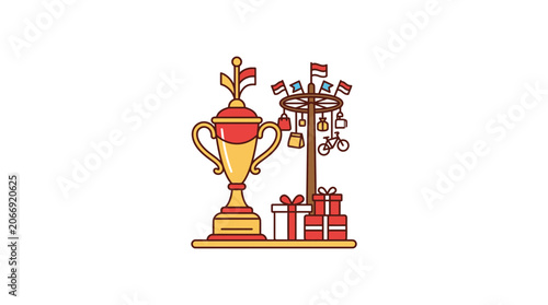 Trophy, Gifts, and Pole with Flags and Prizes - Celebration and Victory Concept