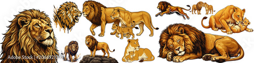 Valokuva Lion Family Vector Collection Set - Majestic African Wildlife Lions Bundle Isola