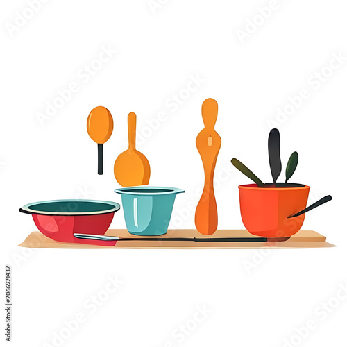 Colorful ceramic vases with fresh green plant on table.