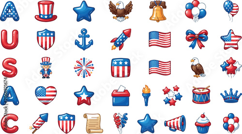 Konstfotografi American patriotic glossy 3D style icon set with USA alphabet letters flag shield rocket balloon bald eagle uncle sam and liberty bell symbols