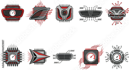 Schilderij op canvas Automotive Cooling System and Performance Chip Icon Set Featuring Smart Thermal