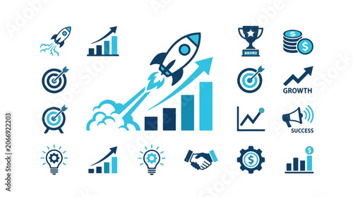 Business Growth and Success Icon Set with Rocket Launch Charts and Financial Symbols